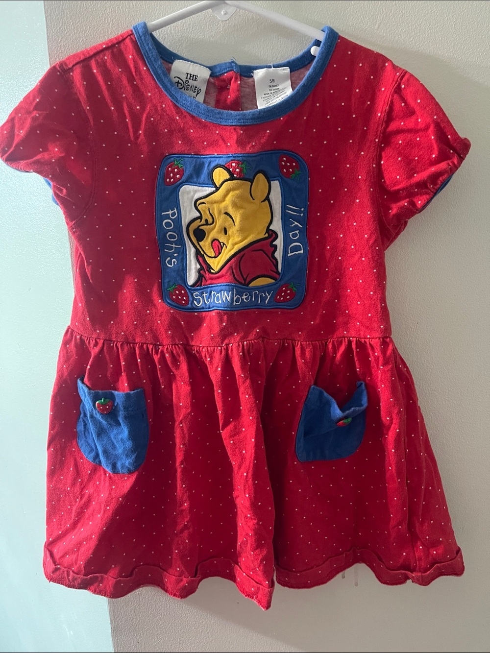 Vintage Disney Red Winnie the Pooh Strawberry Dress Top with Blue Pockets
